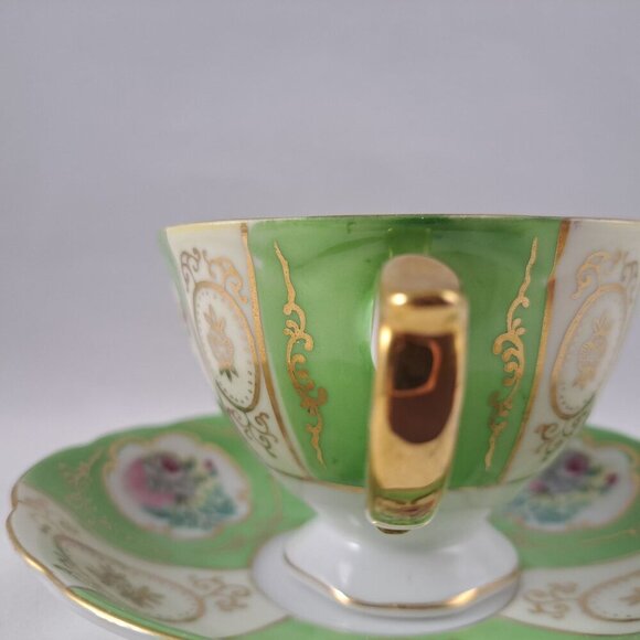 Thames Green Bone China Floral Tea Cup Saucer Gold Trimmed Vintage - Picture 9 of 16